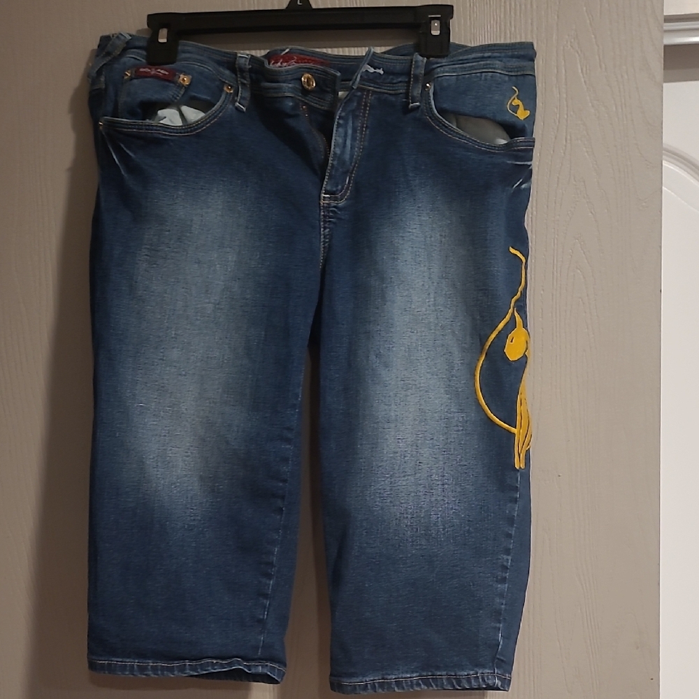 Juniors Baby Phat Blue Denim Jeans with Yellow Embroidery